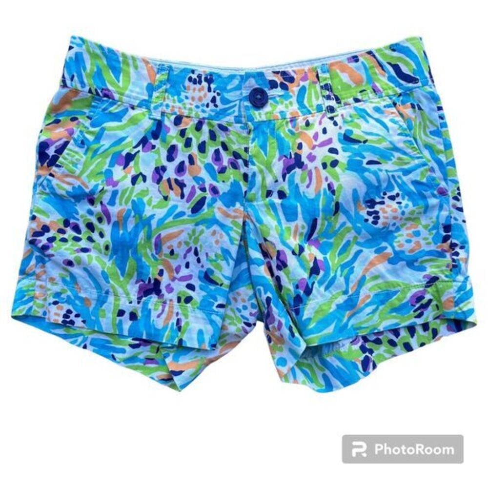 Lilly Pulitzer Callahan Sea Soiree Chino Shorts Blue Floral Women's Button Zip 0